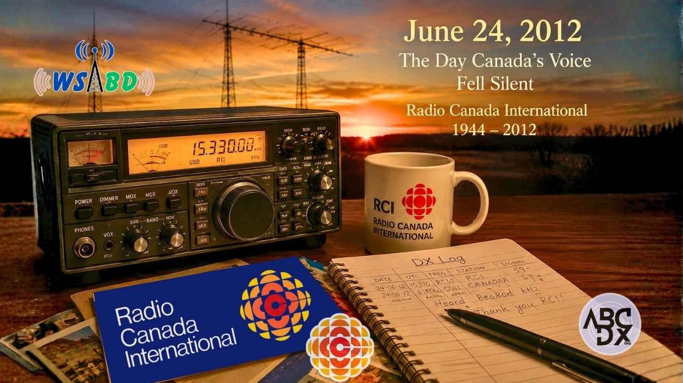 A vintage shortwave receiver displaying Radio Canada International frequencies beside a treasured RCI QSL card and DX logbook.